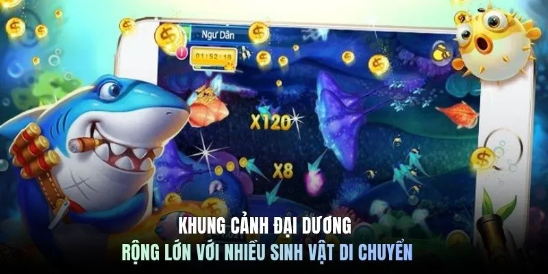 Khung cảnh đại dương rộng lớn với nhiều sinh vật di chuyển